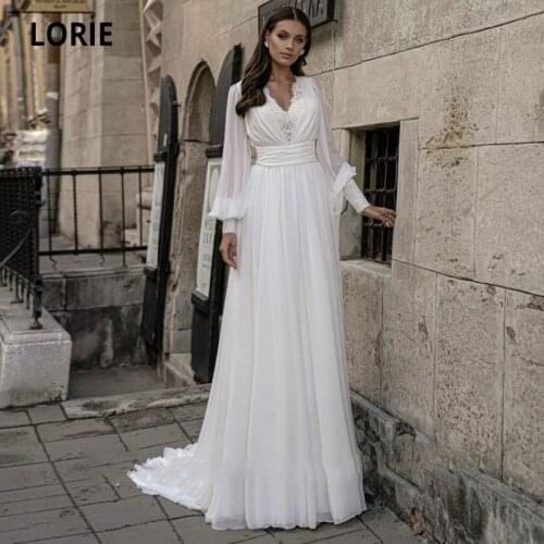 LORIE Arabic Wedding Dresses V-Neck Lace A-Line Wedding Gown Chiffon long Sleeves White Ivory Custom Made Party Bride Dress 2021