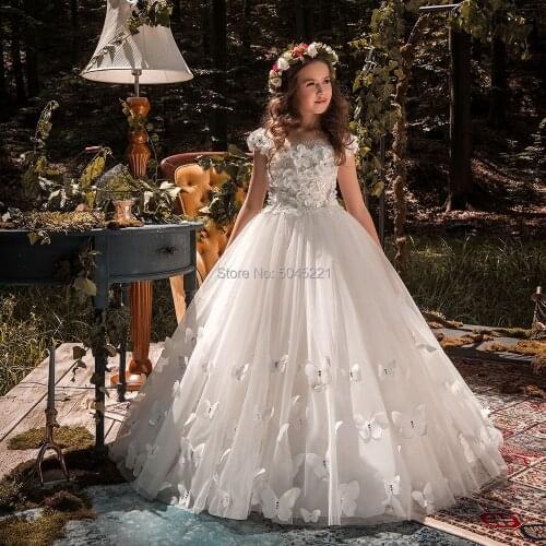 Ball Gown Flower Girl Dresses Beaded Butterflies Short Sleeves Back Button Tulle First Communion Gowns for Birthday