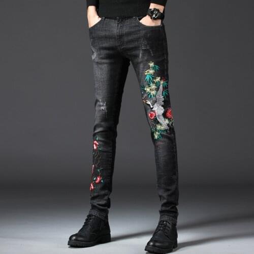 2020 New Man Length Pants Embroidered Jeans Slim Legging Trouser Middle-Waisted Solid Color Leisure Time Comfortable