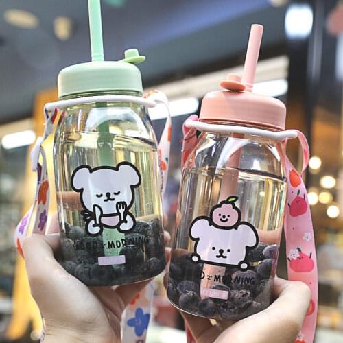 430ml Cute Water Bottle with Straw BPA Free Portable Cartoon Bottle Leak Proof with Rope Girl Gift Travel Outdoor Coffee Cup
