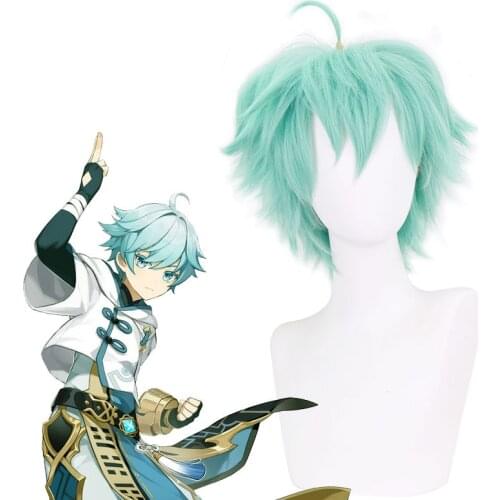 Genshin Impact Cosplay Chongyun 30cm Ice Blue Wig Cosplay Unisex Anime Cosplay Wigs Heat Resistant Synthetic Wigs Halloween