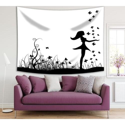 Tapestry Girl on Meadow Grasses and Butterflies Silhouette Imaginary Reality Magical Fairytale Story of Black and White Artwork
