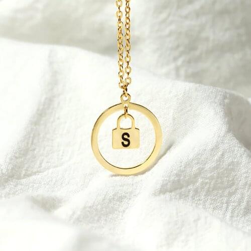 HUHUI Custom Letter Necklace With Lock Pendant Personalized Circle Stainless Steel Jewelry For Women Unisex Anniversary Gift