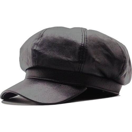 Leather Newsboy Cap Quality Fashion Artist PU Leather Female Korean Octagonal Cap Spring Winter Casual Beret Women Flat Hat
