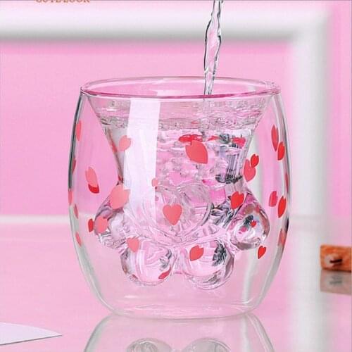 Cat Claw Cup Creative Glass Double-Layer Coffee Milk Cup Cherry Blossom Powder Transparent Insulation Glass Water Cup Drinkware