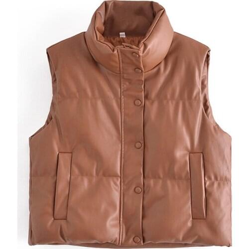 Trendy New Winter Female Pu Leather Puff Jacket Casual Padded Sleeveless Vest Stand Collar Women Coat Chaquetas Para Mujer
