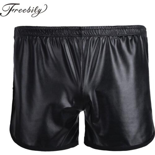 Mens Boxer Shorts Slim Cut Underpants Underwear Hipster Soft PU Leather Wetlook Mens Swim Trunks Black M L XL XXL