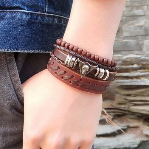 Fashion Set Charm Brown Black Men Bracelet Leather Genuine Braided Punk Rock Bangles Jewelry Accessories Adjustable Size