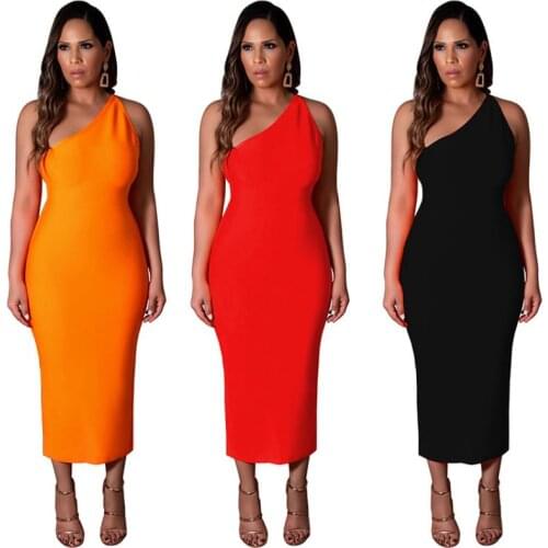 New Sexy Womens 2021 One-Shoulder Oblique Shoulder Tight-Fitting Backless Solid Color Dress Summer Dress