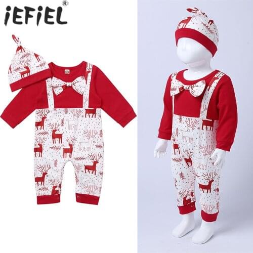 Newborn Baby Boys Girls Christmas Costume Long Sleeve Elk Print Pattern Christmas Bowknot Romper Jumpsuit+Hat Set Baby Clothes