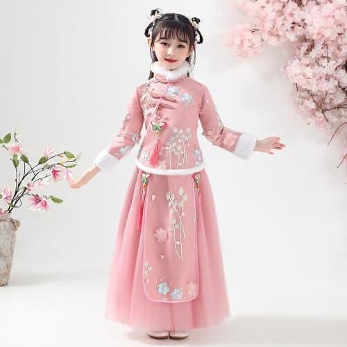 Autumn And Winter Girls Hanfu Long Sleeves Dress Thickened New Year Evening Clothing Party Dress Wedding Flower Childrens Wear