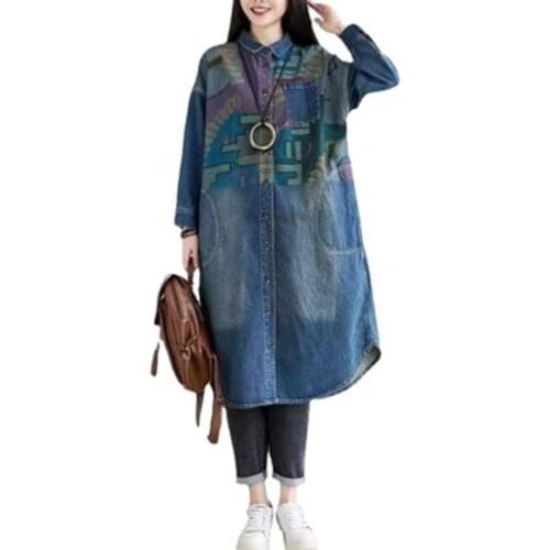 LIMINDSPCXQQ Autumn Japan Style Harajuku Vintage Womens Trench Casual Pockets Female Denim Long Clothing Printed Windbreakers