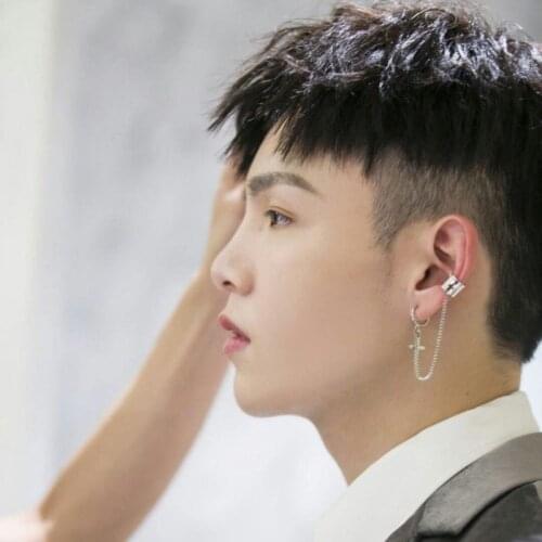 634D Stainless Steel Ear Cuffs Dangle Chain Earrings Cross Star Pendant Ring Hoop Set