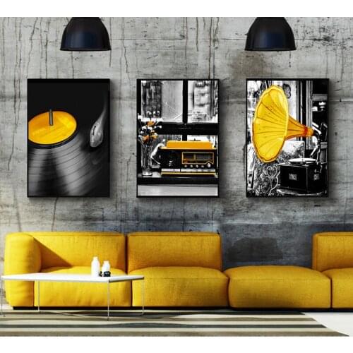 Vintage Black Yellow Music Record Wall Art Canvas Painting Nordic Posters and Prints Wall Pictures for Living Room Home Decor