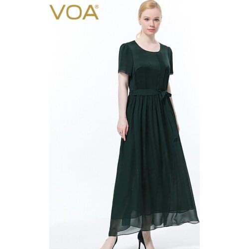VOA Silk Summer Womens Dress 2021 Double-sided Satin Green Asymmetric Double-layer Stitching Large Pendulum Loose Dress AE925