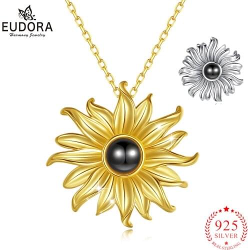 Eudora 925 Sterling Silver elegant sunflower Necklace I love you 100 languages projection necklace two color Necklace for Women
