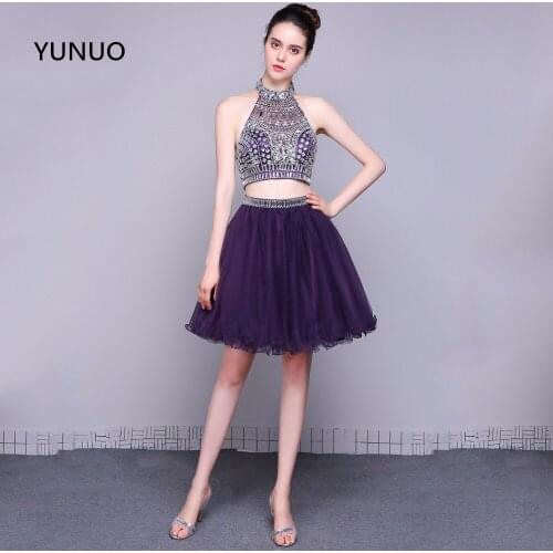 YUNUO New Real Purple Two Pieces Short Homecoming Dresses Halter Rhinestone Sequins Vestidos De Festa Ball Gown79082