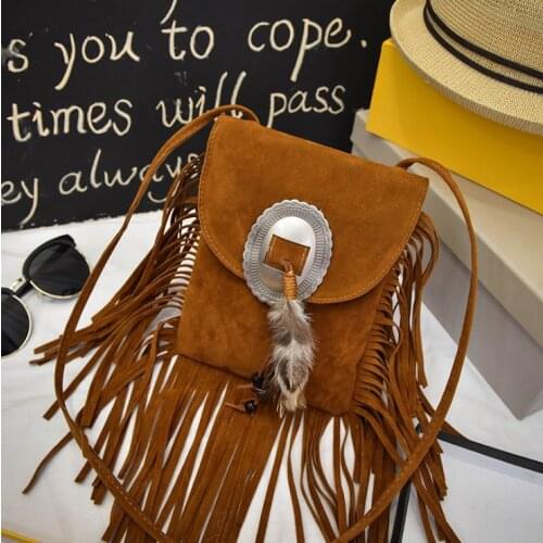 Bohemian Tassel Feather Small Crossbody Bag Women Fashion Soft Leather Messenger Shoulder Bag