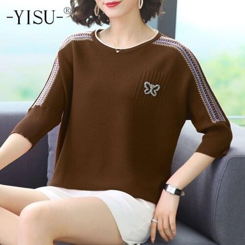 YISU 2021 New Casual Women Sweater O-Neck Middle sleeve Sweater Summer toppies Loose Thin Femalet Knitted Jumper