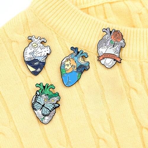 Blue wave whale cartoon chain alloy cartoon heart-shaped brooch, love rose flower heart-shaped badge pin jewelry gift for friend