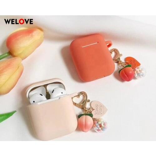 Pink fruit Peach Heart-shaped Keychain Soft silicone Earphone Case for AirPods 1 2 case Cute Bluetooth Headset Box Wireless capa