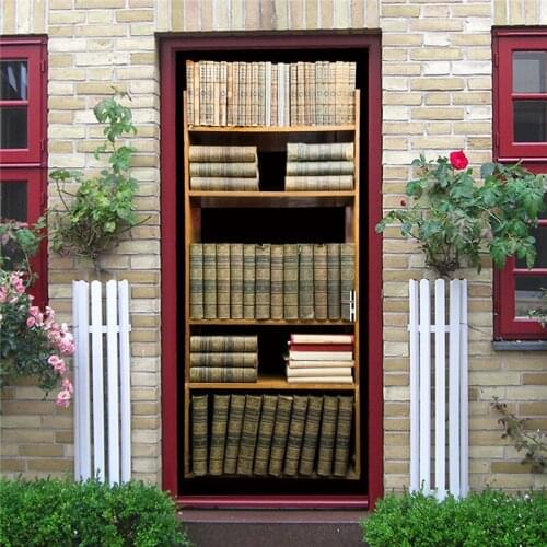 Door Wall Paper Retro Magic Bookshelf Door Sticker Poster Library Study Home Decor Renovation European Style 3D Print Waterproof