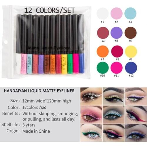 HANDAIYAN 12 Colors Matte Color Eyeliner Kit Makeup Waterproof Colorful Eye Liner Pen Eyes Make up Cosmetics Eyeliners Set