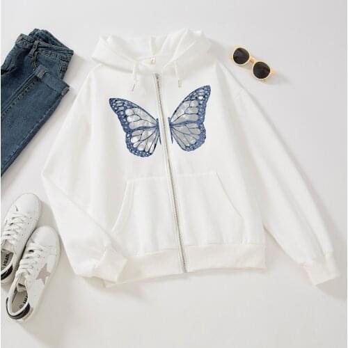 Cotton Sweatshirts Butterfly Hoodie Y2k 90s Aesthetic Zip Up Jacket Vintage Long Sleeve Shirt Pocket Baggy Grunge Punk Hoodies