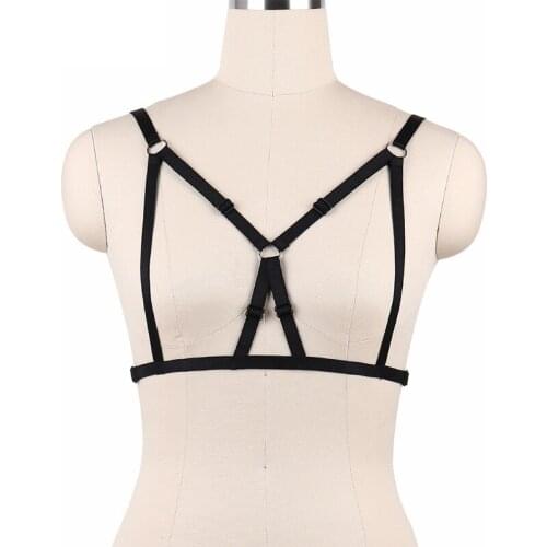 JLX.HARNESS 90s Fetish Wear Cupless Bra Black Elastic Bondage Harness Sexy Open Chest Cage Bralette Goth Crop Top Suit O0046