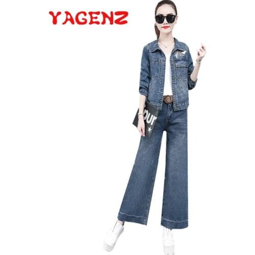 YAGENZ Fashion Plus size Denim Two Piece Set Spring Autumn Two Piece Set Women Clothes Embroidery Denim Tops And Long Jeans 731