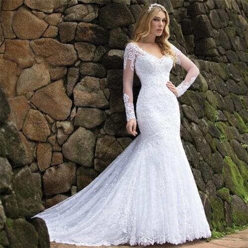 Illusion Sheath Wedding Dresses V-neck Long Sleeve Beading Lace Bridal Gowns