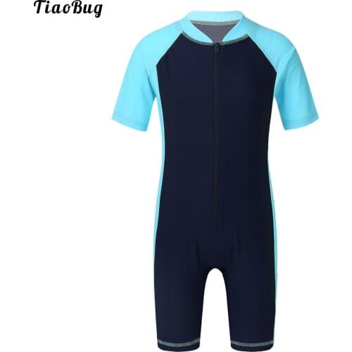 TiaoBug Summer Kid Boys Girls Patchwork One-Piece Swimwear Short Sleeves Zippered Shorty Wetsuit Swimsuit Bathing Suit Rash Guad