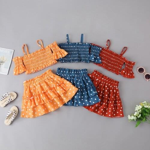 Toddler Baby Girls Summer 2Pcs Outwear Ruffles Clothes Set Off-shoulder Smocked Dot Print Crop Tops + Tiered Skirt Infant Suit