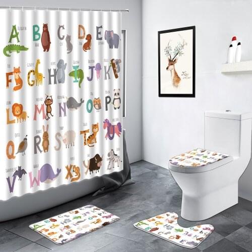 Cartoon Animals Alphabet Kids Shower Curtains Baby Bathroom Decor Rugs Flannel Carpet Bath Mat Non-slip Mats Toilet Cover Sets