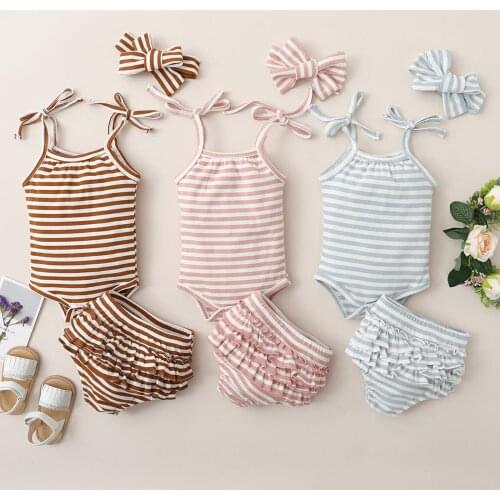 0-18M Cotton Newborn Baby Girl Clothes Sets Striped Print Sleeveless Strap Romper Tops Ruffles Shorts Headband 3PCS