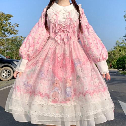 New Arrival Sweetheart Town OP Lolita Dress Soft Sisiter Bow Bear Pink Dress Women Princess Dress Halloween Costume for Girls