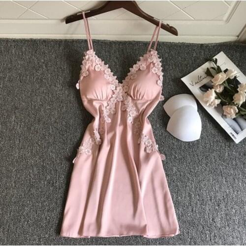 Sexy Sleepwear Sleepdress Deep V Lace Lingerie Faux Silk Night Dress Print Cute Strawberry Women Spaghetti Strap Nightgown