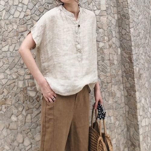 Summer new womens large art cotton linen loose round neck linen short sleeve shirt 2020-04
