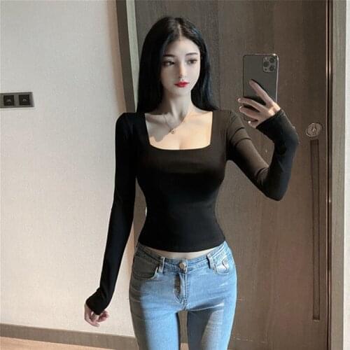 Sexy Square Collar Exposed Collarbone Bottomed Shirt For Women Clothing Autumn T-shirts Slim Long Sleeve T-shirt Woman Tshirts