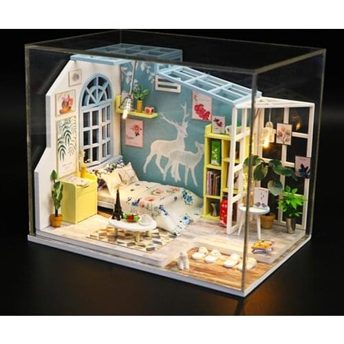 Handmade DIY Mini Doll House 3D Wooden Apartment Bedroom Assembling Toy Dust Cover Creative Birthday Gift Doll House