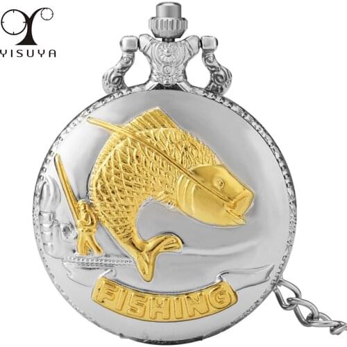 Fishing Design Quartz Pendant Pocket Watch Silver Gold Full Hunter Pocket Chain Arabic Numerals Dial Antique Clock Gifts Unisex