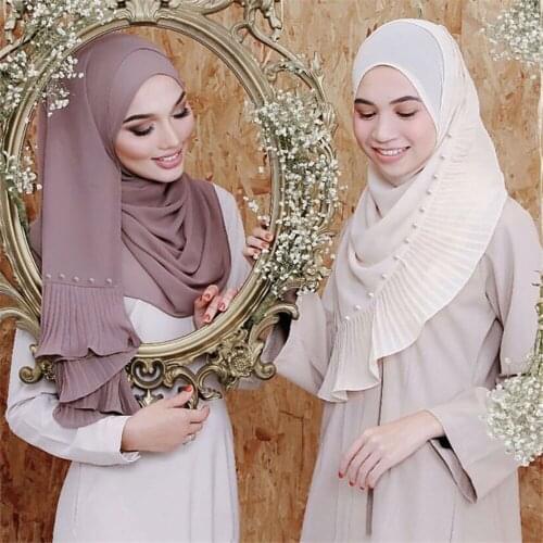 Hijab With Pearls Beads Pleated Chiffon Hijab Scarf 70*185cm Shawl Muslim Fashion Women Veil Headscarf Islam Scarves 2021 New