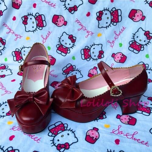 Princess sweet lolita shoes Loliloliyoyo antaina Japanese design cos shoes custom red thick heel round head shoes with bow a519