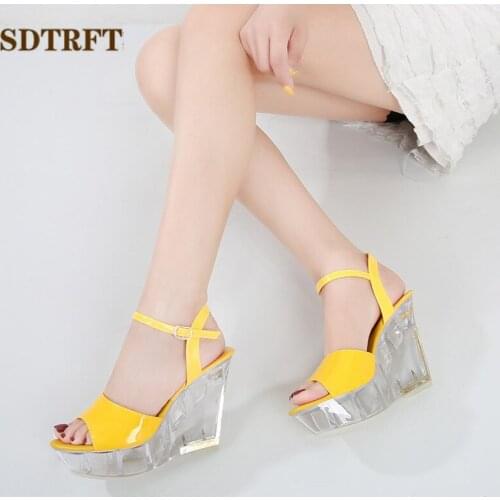 SDTFET Girls 10cm High Heel Shoes Transparent Wedges Sandals For Women Sandalia Patent Leather Open Toe Fetish Ballet Pumps