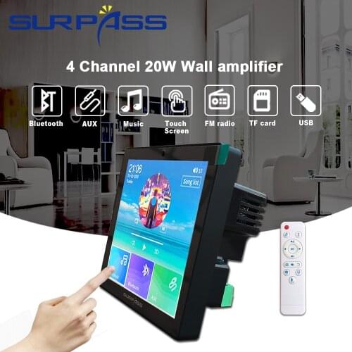 Smart Home Audio 4 Channel Wireless Bluetooth In Wall Amplifier Mini Multifunction Touch Screen Stereo Board Hifi with Fm Radio