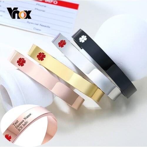 Vnox Free Personalize Engrave Stainless Steel Medical Cuff Bangle Bracelets for Men Women Custom SOS Jewelry