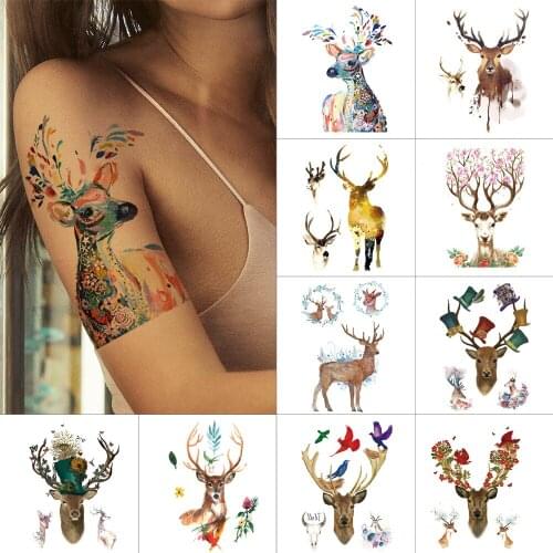 Temporary tattoo sticker decoration Glitten Deer Red Flower feather Wolf butterfly fake tattoo for women mens body tattoo