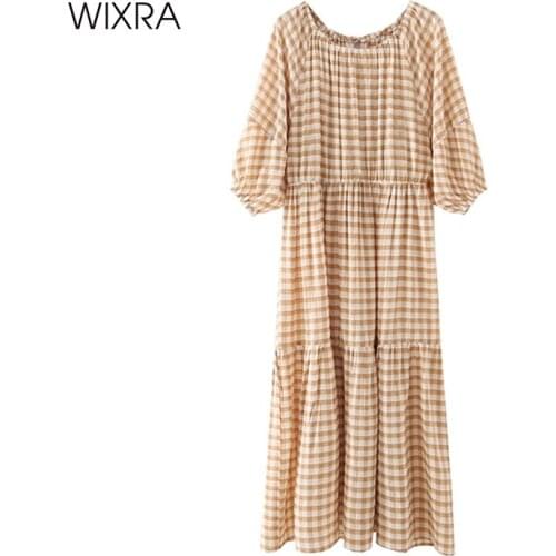 Wixra O Neck Dresses Womens Short Puff Sleeve Plaid Ladies Casual High Street 2021 Spring Summer Hot