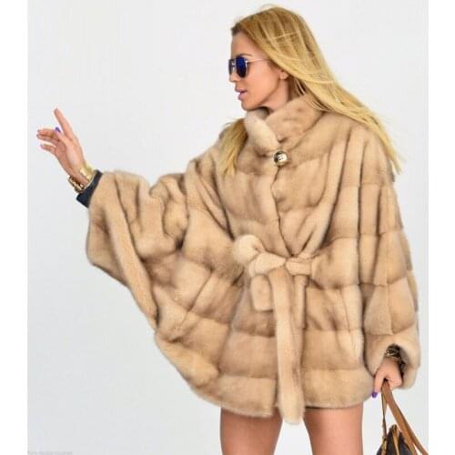2021 Winter New Women Real Mink Fur Coat Batwing Sleeved Stand Collar Natural Woman Genuine Mink Fur Jacket Medium Length Outfit
