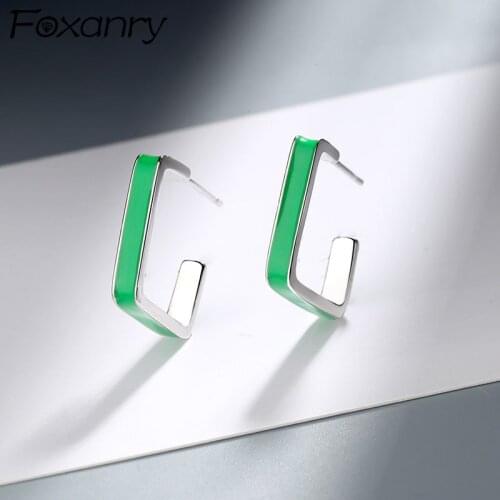 FOXANRY Prevent Allergy 925 Sterling Silver Stud Earrings for Women Fashion Simple Green Geometric Party Jewelry Birthday Gifts